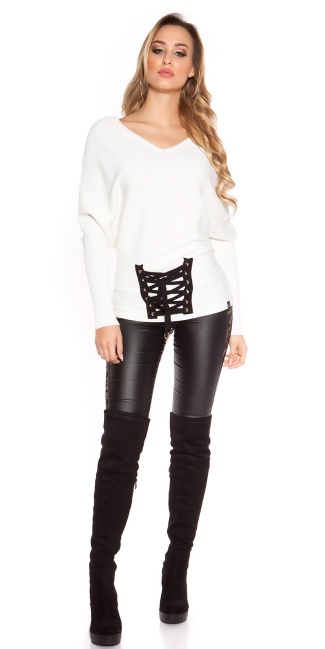 Trendy bat sweater with lacing White